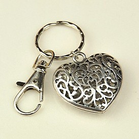Valentines Day Gifts Tibetan Style Heart Keychain, with Iron Key Clasp Findings and Alloy Swivel Clasps, Antique Silver, 95mm