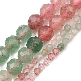 Hilos de cuentas de cuarzo fresa rojo y verde natural, facetados, rondo