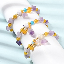 Raw Rough Natural Amethyst Nuggets Charm Beaded Stretch Bracelets for Women, with Gold Plastic Beads