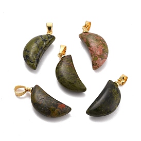 Natural Unakite Pendants, with Golden Brass Jump Ring, Moon