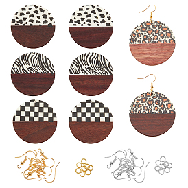 Earring Making Kits, Including Resin & Walnut Wood Pendants, Brass Earring Hooks, Brass Jump Rings, Flat Round