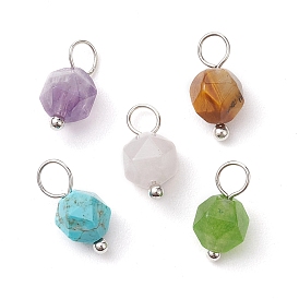 Faceted Natural Mixed Gemstone Star Cut Round Charms, with Brass Loops, Mixed Dyed and Undyed