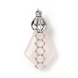 Natural Rose Quartz Pendants, Teardrop Charm, with Stainless Steel Color Plated 304 Stainless Steel Ladybug Findings and Jump Ring