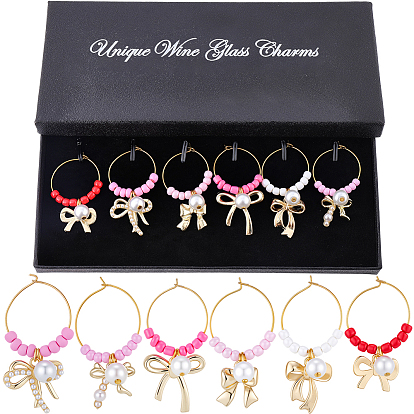 6 шт. 6 стили сплава бант стеклянные бисерные подвески для бокалов вина, с подвесками из абс-пластика с имитацией жемчуга, латунное кольцо-подвеска для бокала для вина, золотые