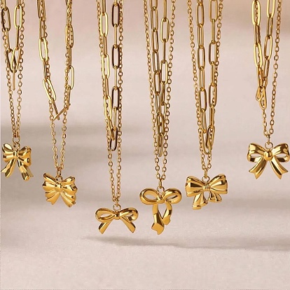 304 кулон ожерелья из нержавеющей стали бантом, двухслойные ожерелья
