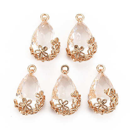 Прозрачные стеклянные подвески, для изготовления ювелирных изделий DIY, с латунной фурнитурой , граненые, слезинка с цветком, золотой свет