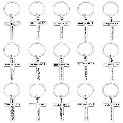 45шт. 15 стилей брелоков из нержавеющей стали, с кольцами, крест с словом