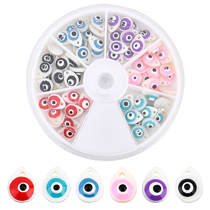 72Pcs 6 Colors Natural Freshwater Shell Charms, with Enamel, Teardrop with Evil Eye