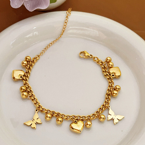 304 из нержавеющей стали шарм браслеты, браслеты из цепочек панцирного плетения для женщин, сердце бабочки