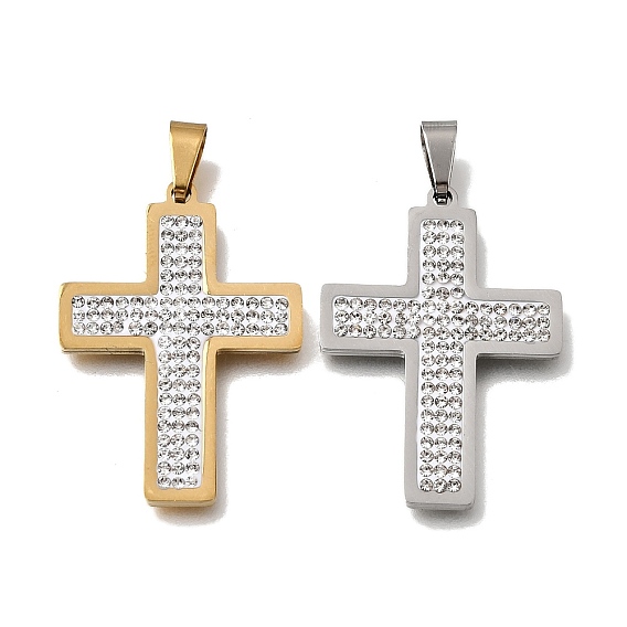 201 Stainless Steel Enamel Pendants, Cross Charms, with Rhinestone