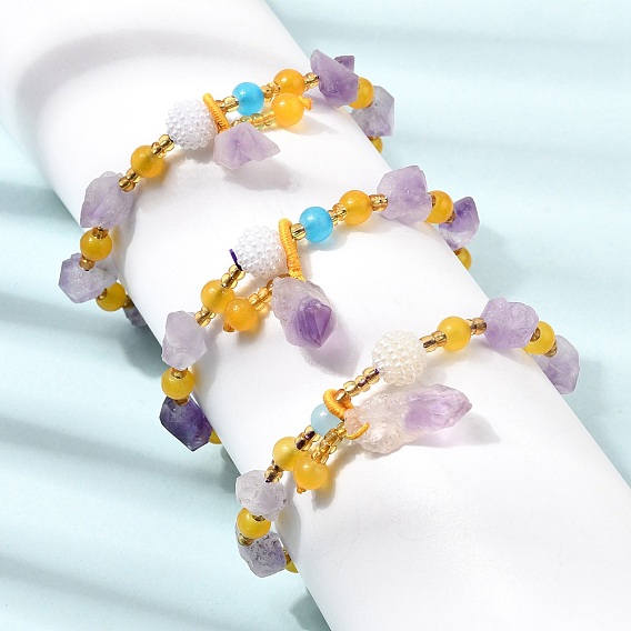 Raw Rough Natural Amethyst Nuggets Charm Beaded Stretch Bracelets for Women, with Gold Plastic Beads
