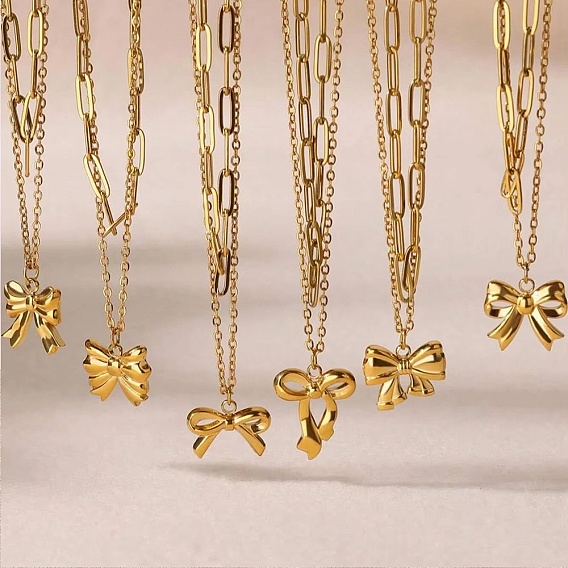 304 кулон ожерелья из нержавеющей стали бантом, двухслойные ожерелья