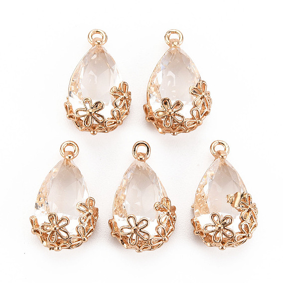 Прозрачные стеклянные подвески, для изготовления ювелирных изделий DIY, с латунной фурнитурой , граненые, слезинка с цветком, золотой свет