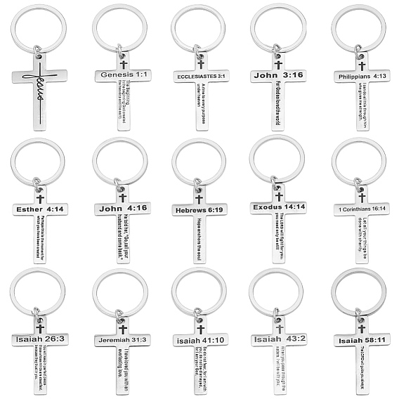 45шт. 15 стилей брелоков из нержавеющей стали, с кольцами, крест с словом