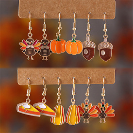 3 Pairs Turkey & Pumpkin & Sandwich & Pine Cone Alloy Enamel Dangle Earrings Set for Thanksgiving Outfit