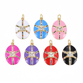 Brass Micro Pave Colorful Cubic Zirconia Pendants, with Jump Rings and Enamel, Nickel Free, Oval, Real 16K Gold Plated