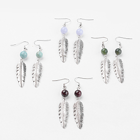 Natural Gemstone Beads Dangle Earrings, with Tibetan Style Alloy Pendants, Iron Eye Pin and Brass Earring Hooks, Leaf