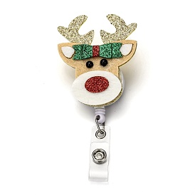 Christmas Reindeer/Stag/Deer Glitter Powder Felt & ABS Plastic Badge Reel, Retractable Badge Holder, with Iron Alligator Clip, Platinum