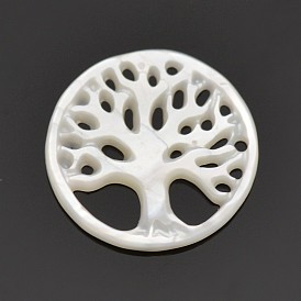 Shell Cabochons, Flat Round with Tree, 17x1mm