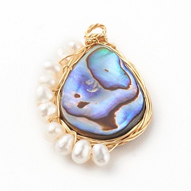Teardrop Natural Paua Shell Pendants, Wire Wrapped Pendants, with Natural Cultured Freshwater Pearl Beads and Eco-Friendly Copper Wire
