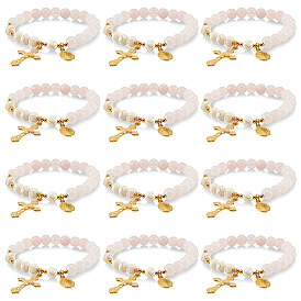 Эластичный круглый браслет из натурального розового кварца и синтетической бирюзы с бусинами, Браслет для йоги с подвесками в виде креста и Девы Марии для женщин