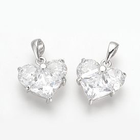 Brass Cubic Zirconia Charms, Heart, Nickel Free