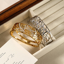 Браслеты с выемкой в форме листа 304 из нержавеющей стали с микропаве из кристаллов и страз, широкие браслеты для женщин