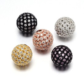 Brass Micro Pave Cubic Zirconia Round Beads, Lead Free & Cadmium Free & Nickel Free, Clear, 12mm, Hole: 2mm