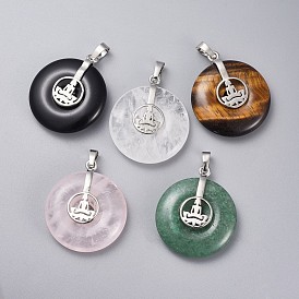 Gemstone Pendants, with Platinum Tone Brass Findings, Donut/Pi Disc with Buddha