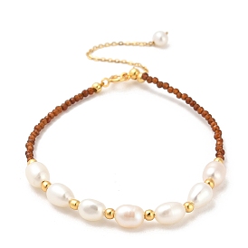 Natural Garnet Bead Bracelets, with Sterling Silver Beads and Pearl Beads, Real 18K Gold Plated