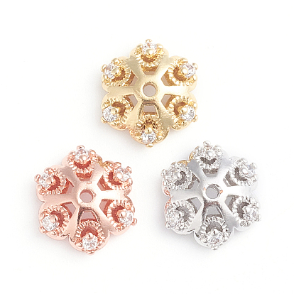 6-Petal Brass Micro Pave Clear Cubic Zirconia Fancy Bead Caps, Flower