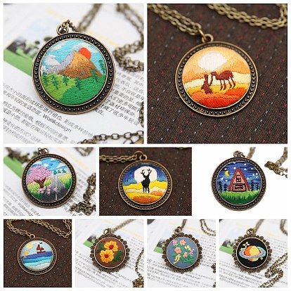 DIY Sweater Chain Necklace Embroidery Kits, Including Printed Cotton Fabric, Embroidery Thread & Needles, Embroidery Hoop, Sun/Canmel/Planet Pattern