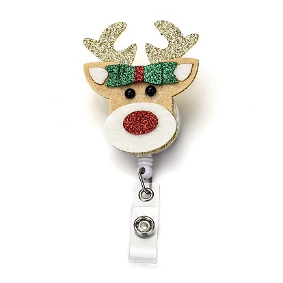 Christmas Reindeer/Stag/Deer Glitter Powder Felt & ABS Plastic Badge Reel, Retractable Badge Holder, with Iron Alligator Clip, Platinum