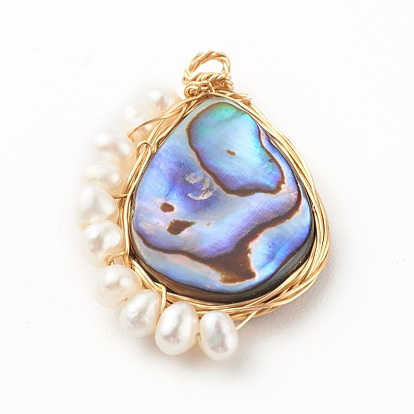 Teardrop Natural Paua Shell Pendants, Wire Wrapped Pendants, with Natural Cultured Freshwater Pearl Beads and Eco-Friendly Copper Wire