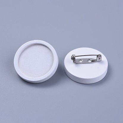Stainless Steel Brooch Cabochon Bezel Settings, with Wood Tray, Flat Round
