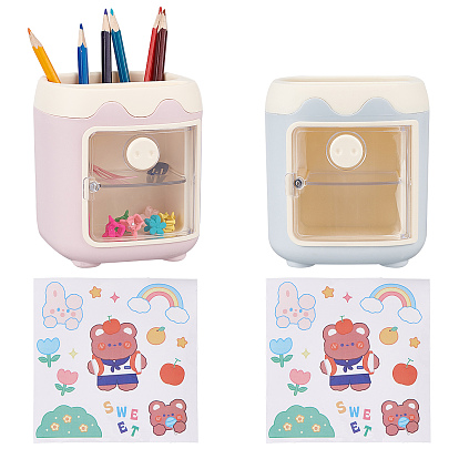 2 Sets 2 Colors Plastic Pen Holders, Piggy Make-up Brush Holders, Pig Pattern Desk Organizer, with Storage Grids & Random Style Stickers