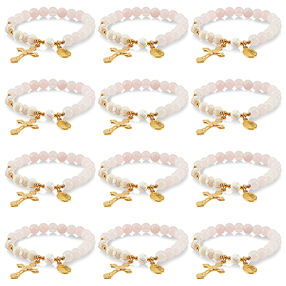 Эластичный круглый браслет из натурального розового кварца и синтетической бирюзы с бусинами, Браслет для йоги с подвесками в виде креста и Девы Марии для женщин