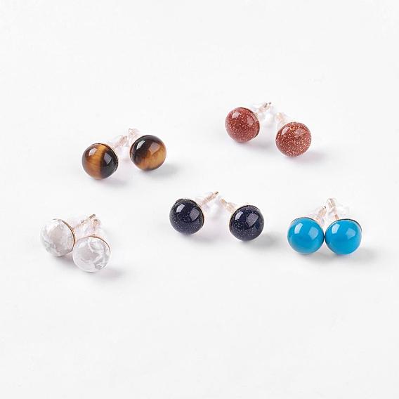 Natural & Synthetic Mixed StoneEar Studs, with Iron Findings, Half Round