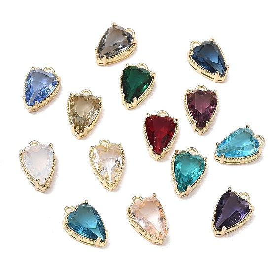 Brass & Glass Pendants, Heart Charms, Mixed Color, Faceted