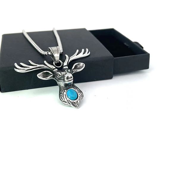 Ожерелья с подвеской в виде оленя из нержавеющей стали с синтетической бирюзой для мужчин и женщин