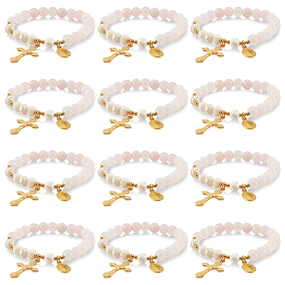 Эластичный круглый браслет из натурального розового кварца и синтетической бирюзы с бусинами, Браслет для йоги с подвесками в виде креста и Девы Марии для женщин