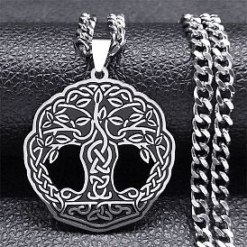 304 Stainless Steel Enamel Tree of Life Trinity Knot Pendant Necklaces, Curb Chains Necklaces for Women Men