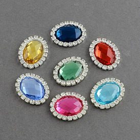 Shining Flat Back Faceted Oval Acrylic Rhinestone Cabochons, with Grade A Crystal Rhinestones and Brass Cabochon Settings, Silver Color Plated Metal Color, 25x20x5mm