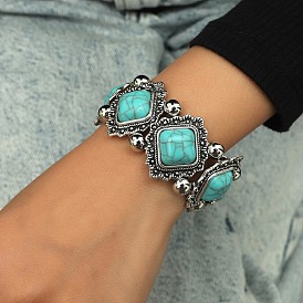 Bohemia Style Alloy Rhombus Beaded Stretch Bracelet, with Acrylic Imitation Turquoise Beaded