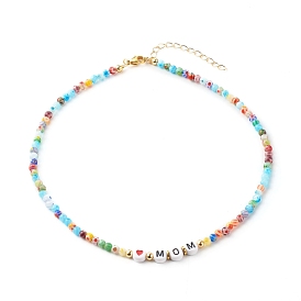 Beaded Necklaces, with Acrylic Beads, Brass Beads, Glass Beads, 304 Stainless Steel Findings & Brass Chain, Word Mom