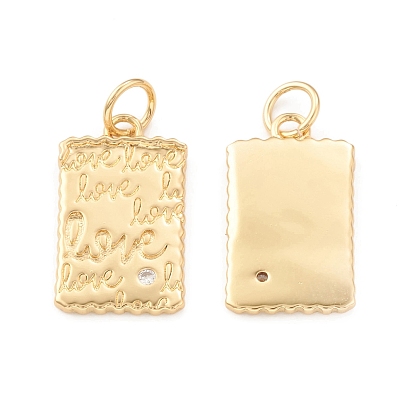 Eco-Friendly Brass Micro Pave Cubic Zirconia Pendants, with Jump Ring, Lead Free & Cadmium Free, Long-Lasting Plated, Rectangle with Word Love Charm