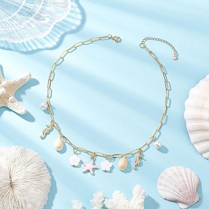 Женские латунные ожерелья-скрепки из сплава эмали, морской звезды, морского конька и натуральной ракушки, золотые