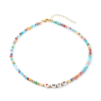 Beaded Necklaces, with Acrylic Beads, Brass Beads, Glass Beads, 304 Stainless Steel Findings & Brass Chain, Word Mom