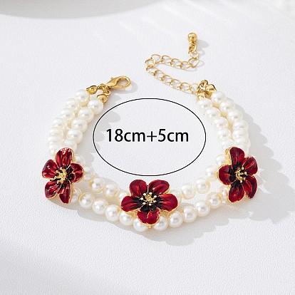 Bracelets pour femmes en alliage, émail, fleur rouge, perles de plastique et perles de 3 rangs, blanc