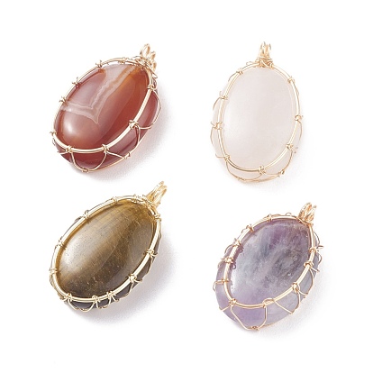 Pendentifs en pierre naturelle, avec du vrai fil de cuivre plaqué or 18k enroulé, ovale
